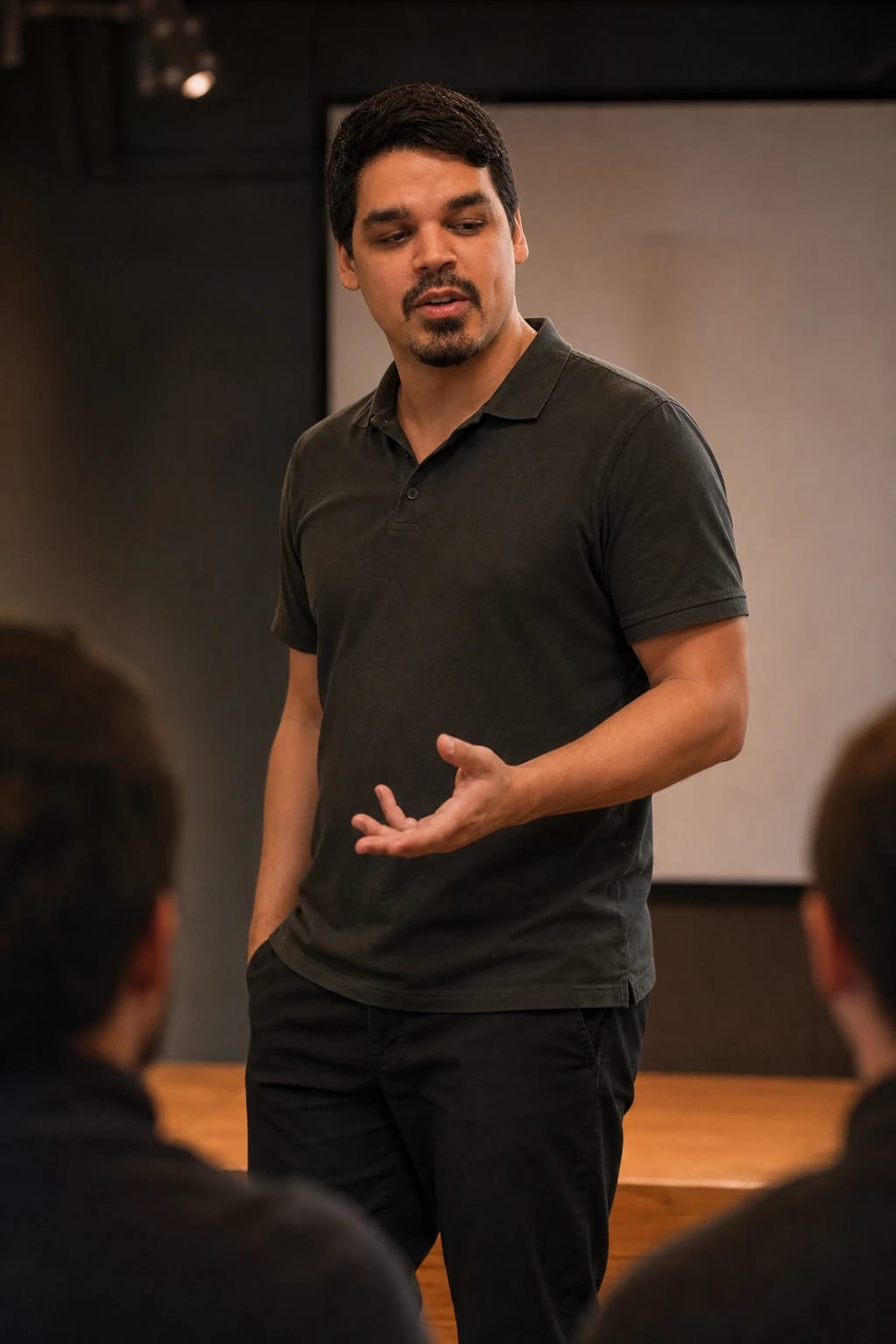 Leo Teixeira conduzindo uma conversa durante um treinamento, com participantes em primeiro plano.